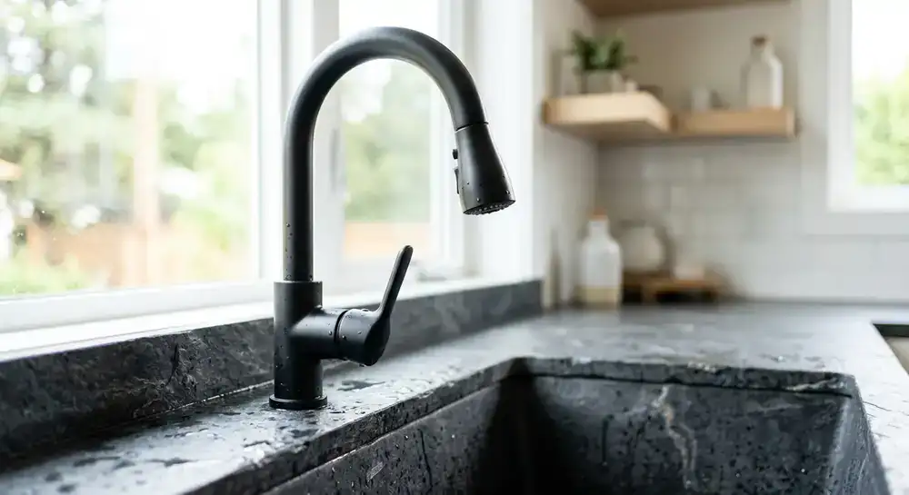 Detailaufnahme eines mattschwarzen Wasserhahns am Schieferwaschbecken