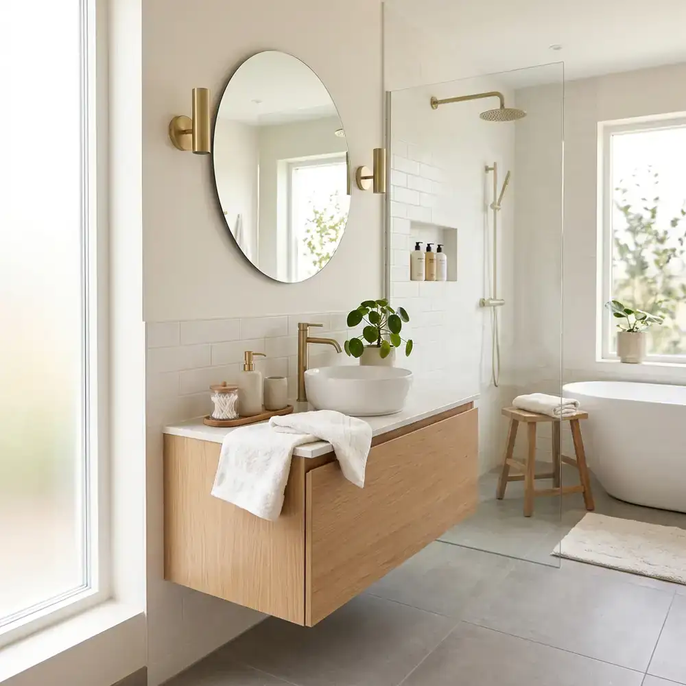 Modernes, helles Badezimmer mit Plovance Premium-Accessoires