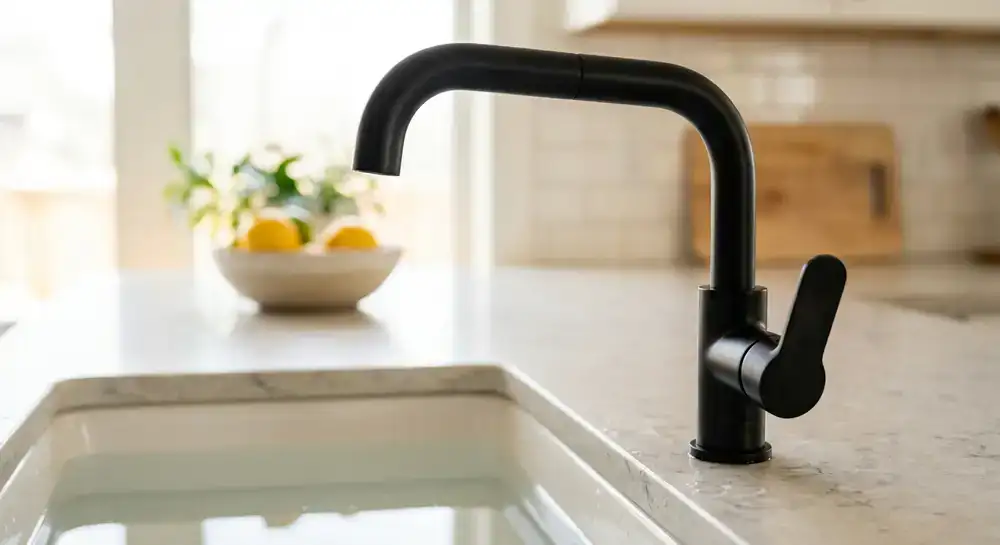 Detailaufnahme eines mattschwarzen Premium-Wasserhahns